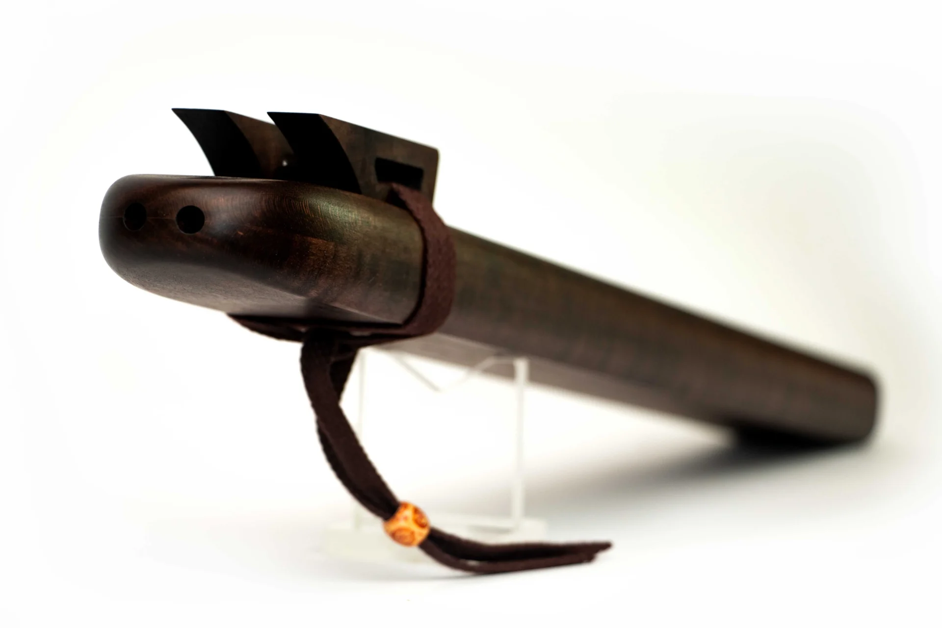 Close-up of mouthpiece on F# double flute showing smooth carving